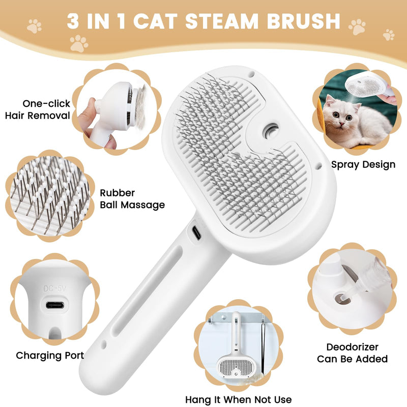 Cat Steam Brush, 3 In 1 Steamy Pet Brush with Release Button and Tank, Anti-Static Cat Steamy Brush for Effective Hair Removal, Rechargeable Steam Cat Brush for Furry Pet White - BeesActive Australia