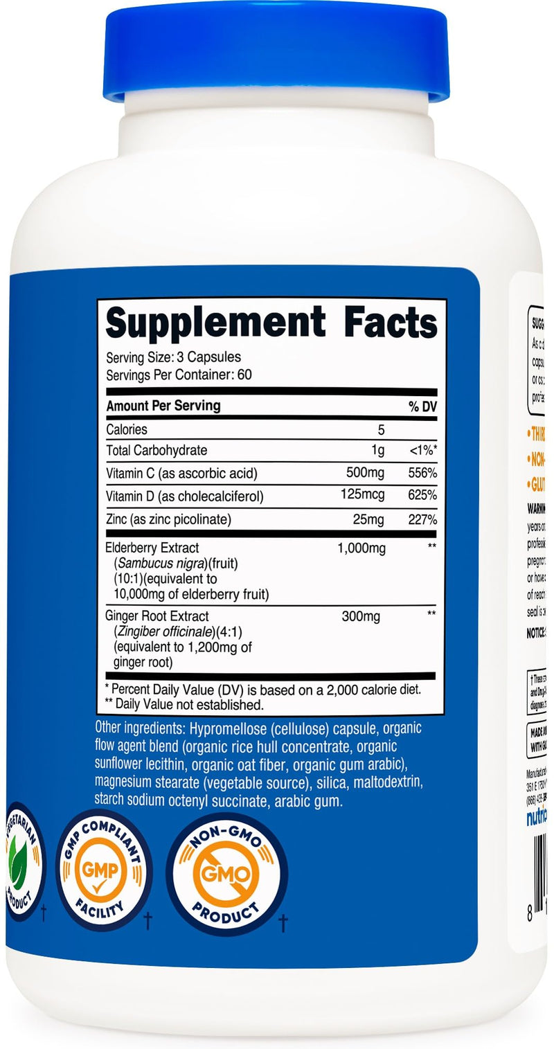 Nutricost Elderberry & Ginger Root Extract with Vitamin C, Zinc & Vitamin D 180 Capsules for 60 Servings Per Bottle - Vegetarian-Friendly Supplement, GMO-Free, Gluten-Free