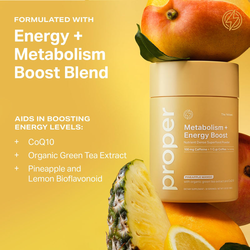 Proper, The Yellows Metabolism and Energy Boost, Sugar Free Energy Drink Powder with 100mg Caffeine. 30 Servings, Pineapple Mango Drink Mix for Men and Women - BeesActive Australia