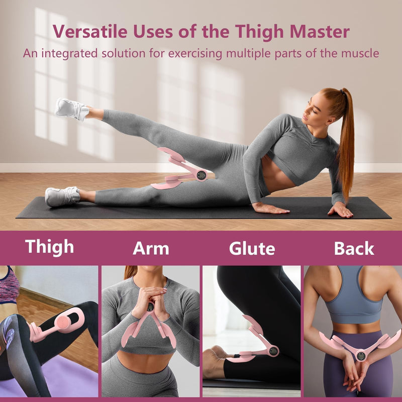 Thigh Trainer, 360°Adjustable Pelvic Floor Muscle Trainer with LED Display, Inner Thigh Exerciser with 20LB Resistance Band for Women, Home Fitness Equipment for Hip, Leg, Arm Pink