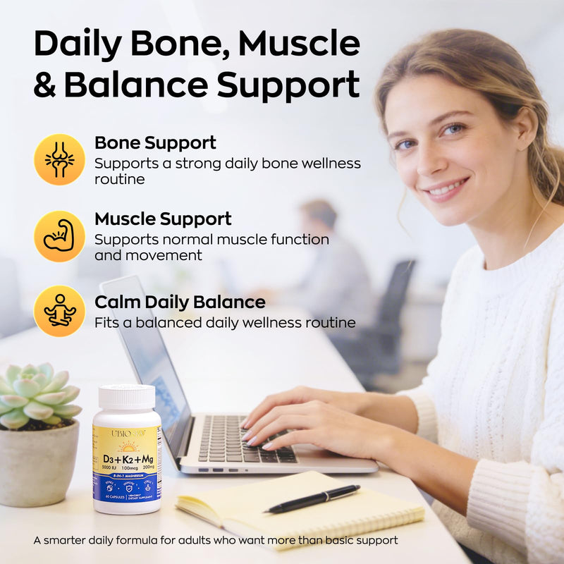Vitamin D3 K2 Magnesium, Supplement 5000 IU Vitamin D3 & MK-7 K2 with 8-in-1 Magnesium Complex, Magnesium Glycinate, Malate & Taurate for Bone, Sleep, Stress Relief & Mood, 60 Capsules 1 Count (Pack of 1)