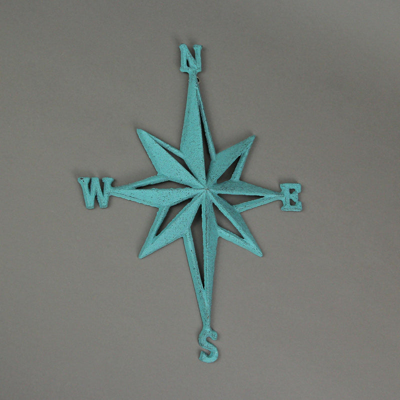 Turquoise Blue Cast Iron Compass Rose Wall Hanging Sculpture - Coastal Home Decor Art Piece - 13.5 Inches High Nautical Elegance for Indoor or Outdoor Spaces Turquoise