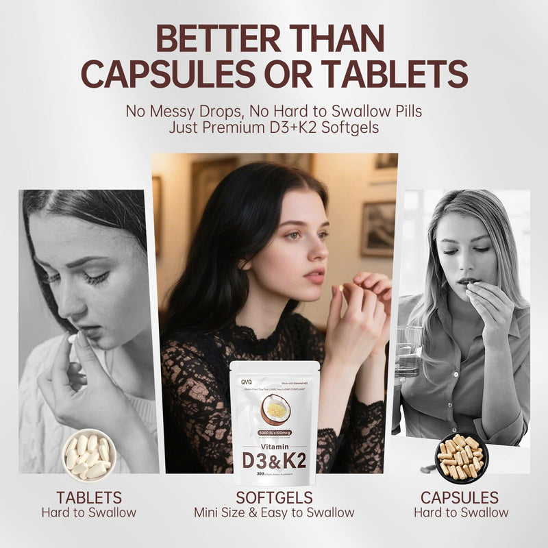 300 Pcs Vitamin D3 K2 5000 IU + 100mcg, Coconut Oil, Gluten-Free, Non-GMO, Soy Free 5000 IU Coconut Oil 300 Softgels