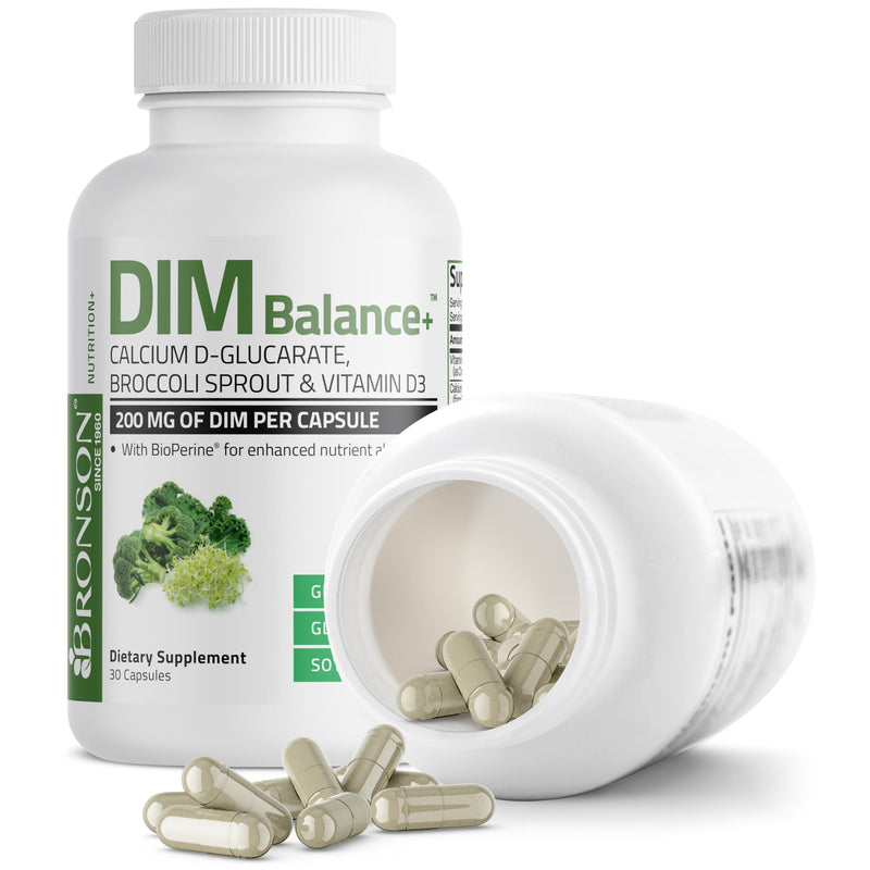 Bronson DIM Balance+ 200 mg & Calcium D-Glucarate, 30 Vegetarian Capsules | Broccoli Sprout, Vitamin D3 & BioPerine, Estrogen Metabolism & Balanced Hormone Support, Non-GMO, Gluten-Free & Soy-Free 30 Count (Pack of 1)