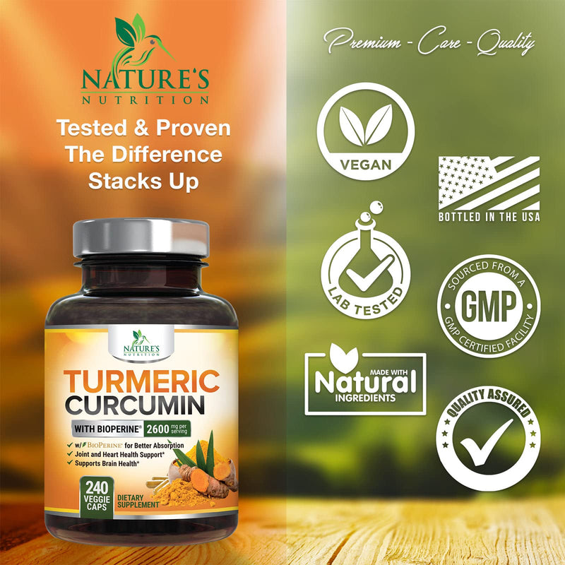 Turmeric Curcumin Supplement with BioPerine 95% Curcuminoids 2600mg with Black Pepper for Best Absorption, Bottled in USA, Best Natural Vegan Joint Support, Nature's Tumeric Capsules - 240 Capsules 240 Count (Pack of 1) - BeesActive Australia