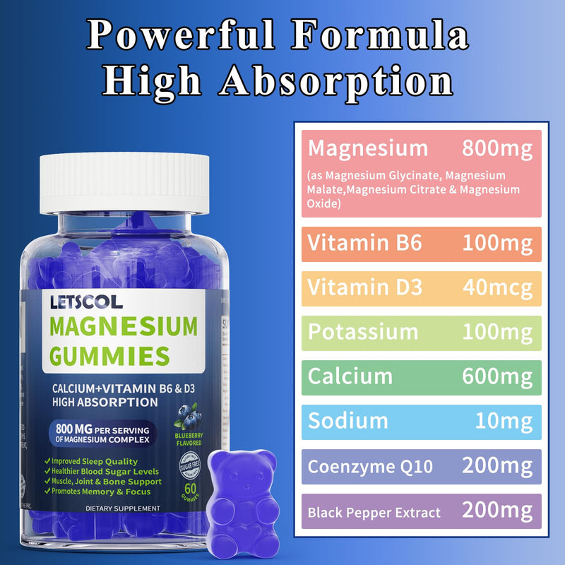 Magnesium Glycinate Gummies, Sugar Free Magnesium Supplement with Magnesium Malate, Calcium, Vitamin D3, B6, CoQ10 for Calm Support & Sleep for Adults Kids Blueberry 60 Count (Pack of 1)
