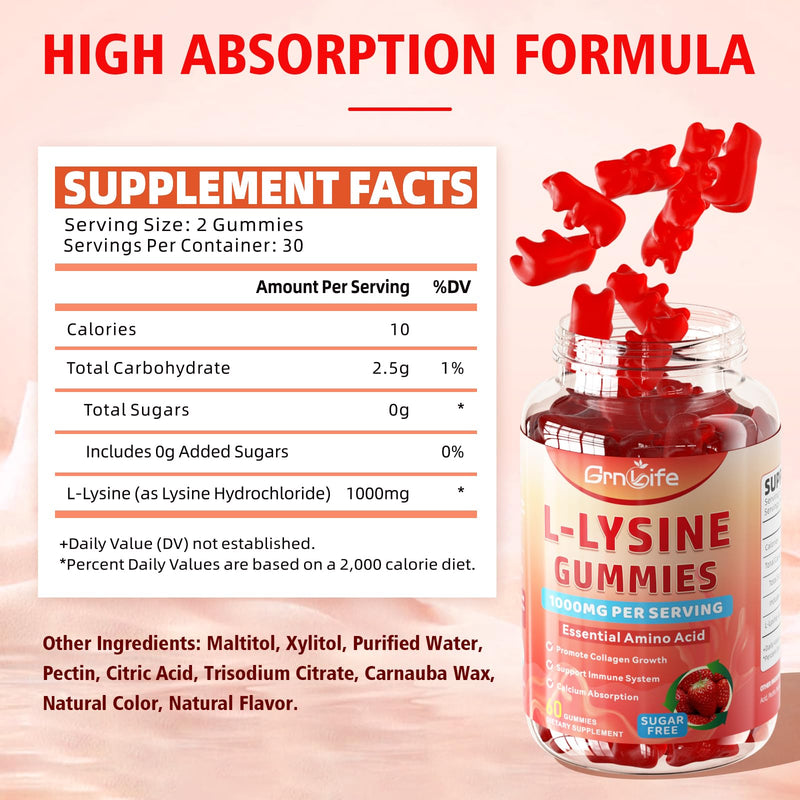 L-Lysine 1000mg Gummies, Chewable Lysine Supplement for Adults & Kids, Essential Amino Acid Supplement for Immune Support, Collagen Formation Support, Strawberry, 60 Count 60 Count (Pack of 1)