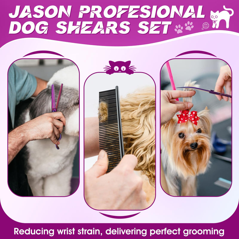 JASON Professional Dog Scissors Set - 6 in 1 Dog Scissors Set, Straight/Curved/Chunker Scissors and Comb for Dog Cat Pet with Adjustable Screw, Purple - BeesActive Australia