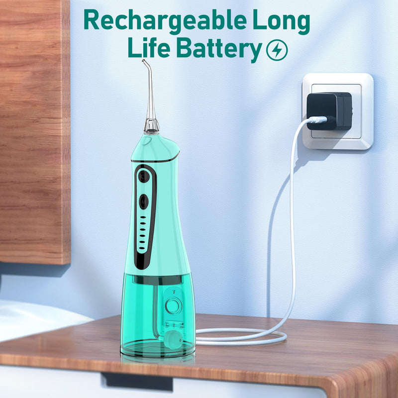 Water Dental Pik Flosser,Grinest 7 Modes Rechargeable Water Dental Picks for Teeth Cleaning Cordless Oral Irrigator Portable IPX7 Waterproof Tooth flossers for Home Travel-Green Green