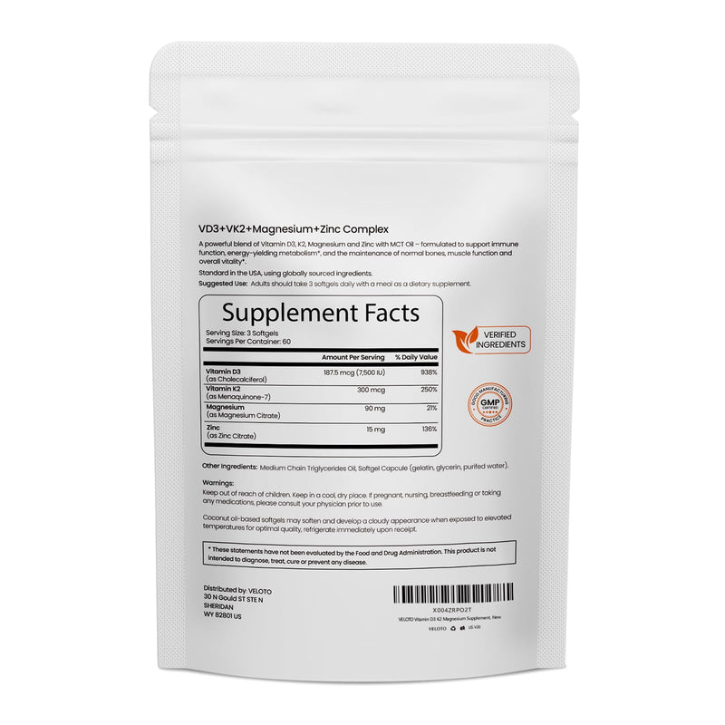 VELOTO Vitamin D3 K2 Magnesium Zinc Supplement, Magnesium & Zinc Citrate | 7500 IU Vitamin D3 + 300 mcg K2 MK-7, 4-in-1 Daily Wellness Support, Bone Muscle & Immune Support, 180 Softgels, Non-GMO