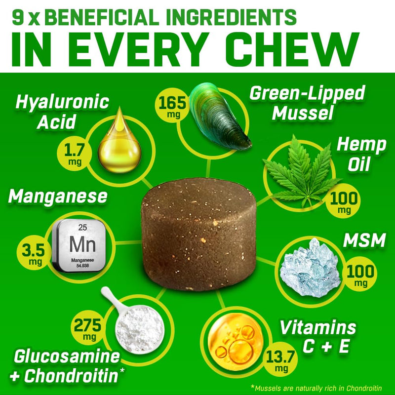 Dog Joint Care Supplements | 150 Chews | with Green Lipped Mussel, Glucosamine & Chondroitin, Hemp Oil, MSM, Hyaluronic Acid, Manganese and Vitamins for Dog Joint Care. Aids Stiff Joints. 1 Pot (150 Chews)