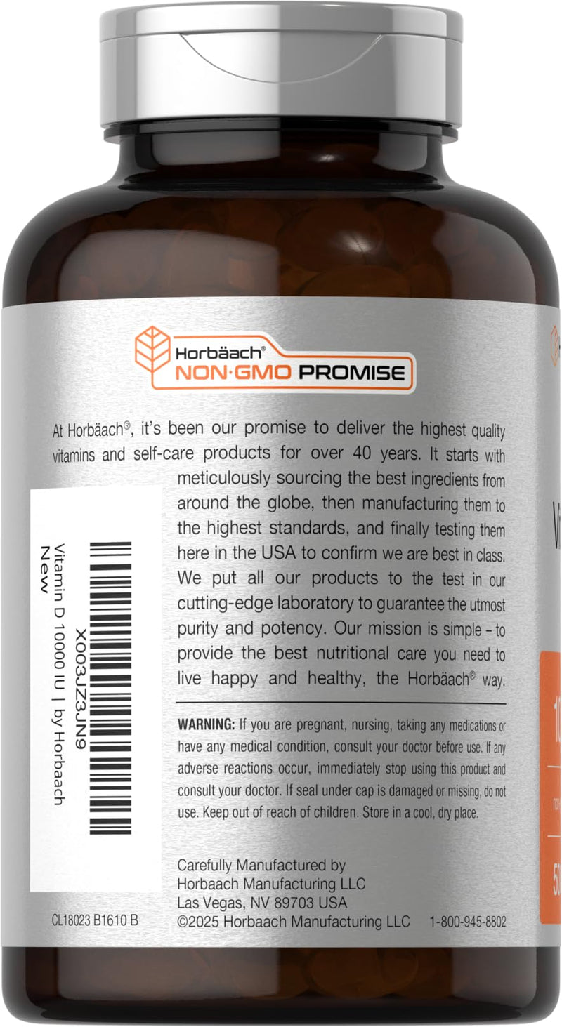 Horbäach Vitamin D3 10000 IU | 500 Softgels | 250mcg | Non-GMO, Gluten Free Supplement | Value Size | High Potency Formula