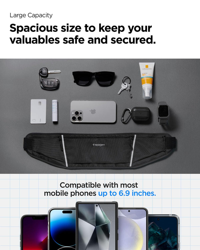 Spigen Life A710 Dynamic Shield Slim Running Adjustable Waist Belt Fanny Pack for Men & Women, Phone Holder, Lightweight, Water Resistant, Reflective, Bounce-free for Running, Jogging, Sports - Black