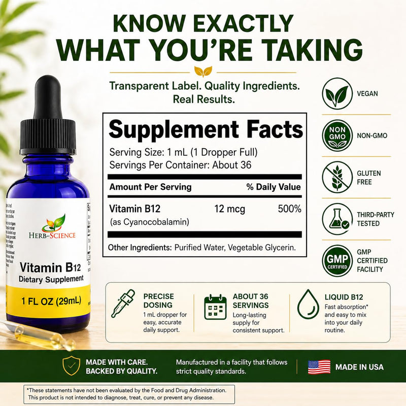 Liquid Vitamin B12 – Cold-Pressed, High Absorption, Vegan, Alcohol-Free, Sublingual B12 Drops, Cyanocobalamin, No Artificial Flavors, Blue Cobalt Glass Bottle for Maximum Freshness - 1 oz | Made with Only 3 Premium Ingredients, Vegan and Non-GMO, in an...