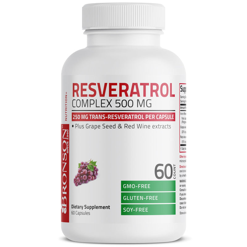 Bronson Resveratrol Complex 500 mg with Grape Seed & Red Wine, 60 Capsules | trans-Resveratrol from Japanese Knotweed, Healthy Aging & Cellular Support, Non-GMO, Gluten-Free & Soy-Free 60 Count (Pack of 1)