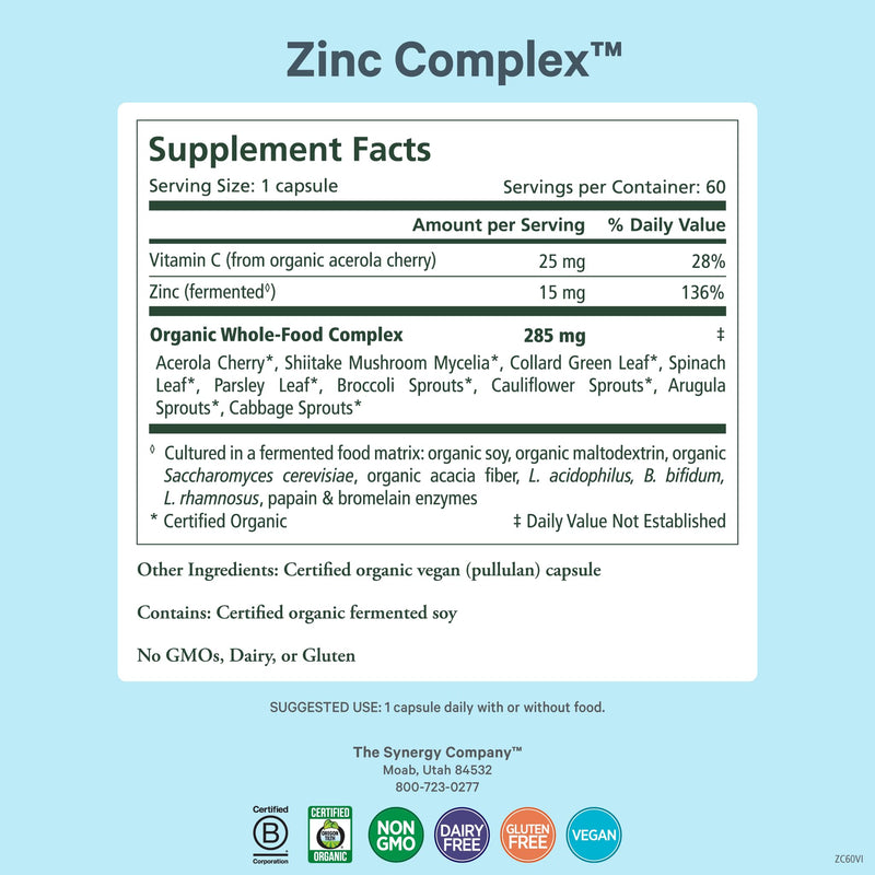 PURE SYNERGY Zinc Complex Immune Support Supplement (60 Capsules) | Natural, Vegan Zinc Complex with Vitamin C, Organic Whole Foods, For Immune, Brain, & Skin Health
