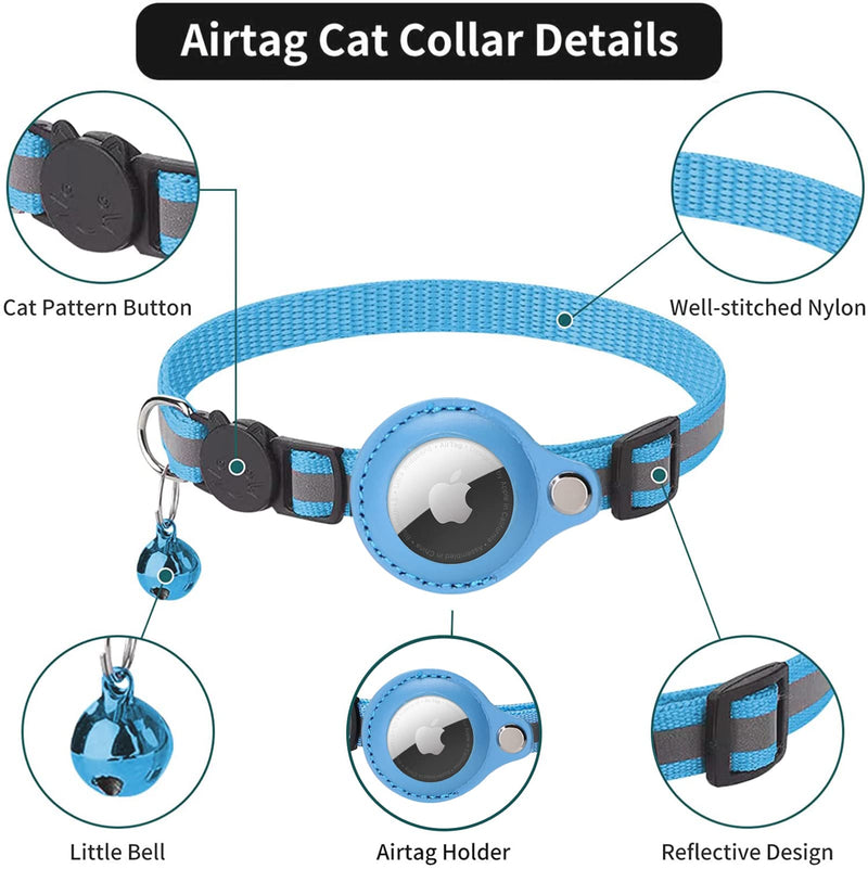 KOCNYDEY Reflective AirTag Cat Collar, Anti-Lost Cat Tracker Collar with Adjustable Holder & Integrated Bell Apple Air Tag Cat Collar for Cats Small Dogs Puppies (Blue) Blue - BeesActive Australia