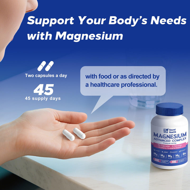 5 in 1 Magnesium Complex Capsule 976mg wtih Magnesium Glycinate, Citrate, Malate & Vitamin B6, High Absorption Magnesium Complex for Women & Men, Third-Party Tested, Vegan, Non-GMO 90 Count（Pcak of 1）