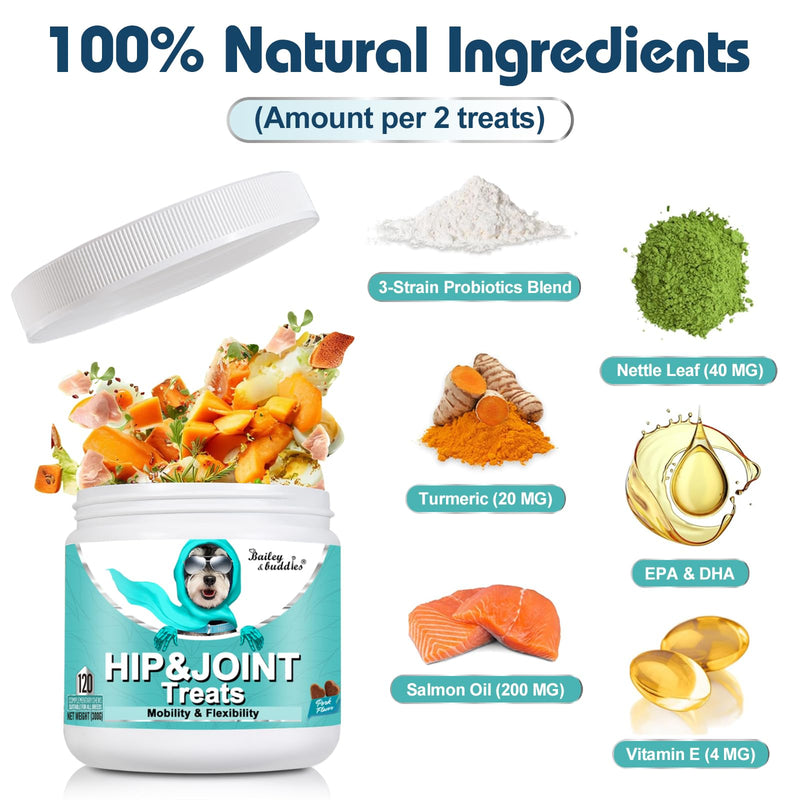 Bailey & Buddies Hip and Joint Supplement for Dogs, 120 Soft Chews with Glucosamine, Chondroitin, MSM and Green-Lipped Mussel, Joint Support for Senior Dogs and All Breeds - Chicken Flavor
