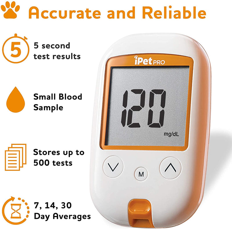 iPet PRO Blood Glucose Monitoring System Designed for Dogs & Cats| Includes Meter, 2 AA Batteries, User Guide, Log Book, 25 Test Strips, Control Solution, Lancing Device, 30 28G Lancets, Carrying Case Blood Glucose Meter Kit - PawsPlanet Australia