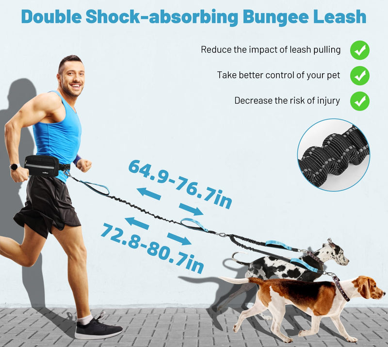 VavoPaw Hands Free Dog Leash for 2 Dogs with Pouch, Waist Leash for Dog Walking, Jogging, Hiking, Retractable Leashes with Dual Padded Handles, Adjustable Reflective Belt for Small, Medium, Large Dogs Black/Blue 2 Leashes - BeesActive Australia