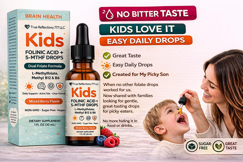 Folinic Acid Drops Kids 800 mcg + L-Methylfolate + B12 +P5P B6 Gentle Methylation Great Taste, Magnesium Glycinate, Vitamin D3 & C Folate Support for Brain,Focus, Mood & Cellular Health 5-MTHF Drops