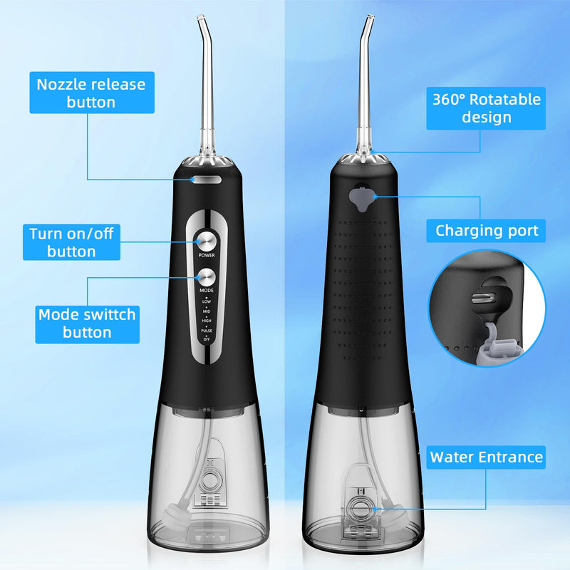 Water Flosser,300ML Water Pulse flossers-5 Modes&6 Replaceable Jet Tips for Teeth Cleaning and Flossing,Rechargeable (Black) Black