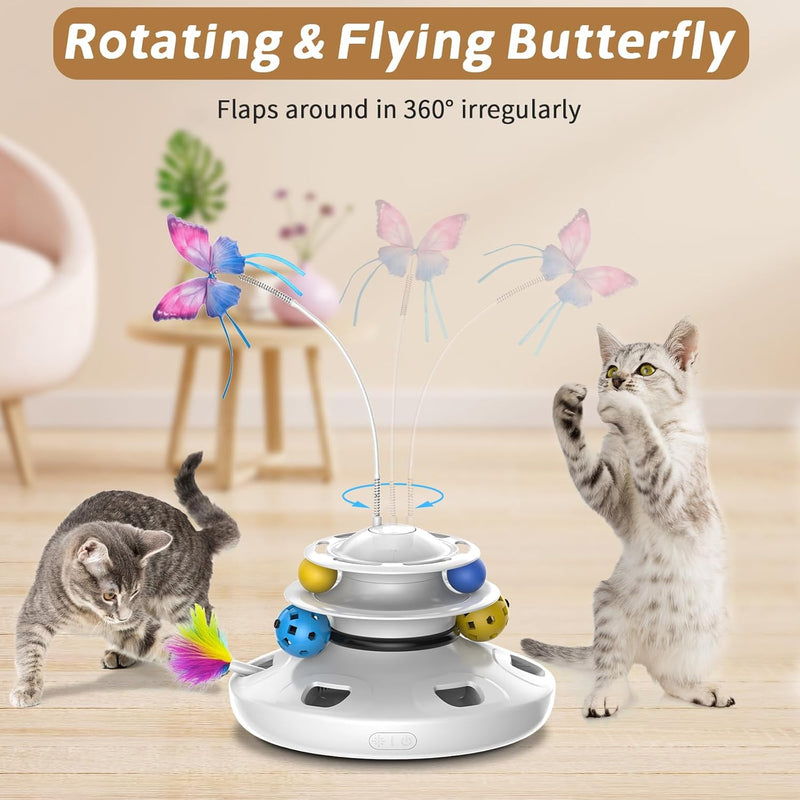 Cat Toys - 4in1 Rechargeable Automatic Cat Toy Interactive Kitten Toy Whack a Mole Fluttering Butterfly Ambush Feather Track Balls Toys Rechargeable Feather Toys Indoor Exercise Kicker White - BeesActive Australia
