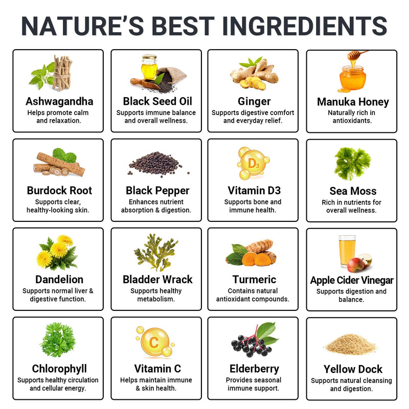 Sea Moss Gummies 16-in-1 - Ashwagandha Black Seed Oil Bladder Wrack Turmeric Vitamin C & D3 with Manuka Burdock Root Dandelion Yellow Dock Natural Detox & Liver Health Immune Support, Energy Boost