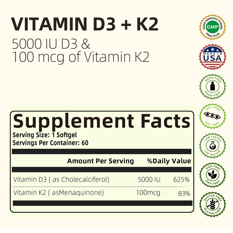 Vitamin D3 K2, Vitamin D3 5000 IU (125 mcg) + Vitamin K2 100 mcg, 2 in 1 D3 and K2 Supplements for Bone, Teeth, Muscle and Immune Health Support, 60 Softgels