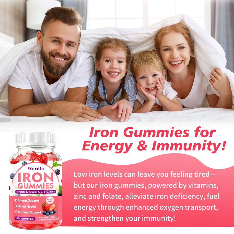 Iron Gummies for Women, Men & Kids for Energy Support & Immune Health | Vegan Iron Supplement Gummies with Vitamin C, B12, Folate, Sugar Free, 60 Gummies (Pack of 2) 120 Count (Pack of 1)