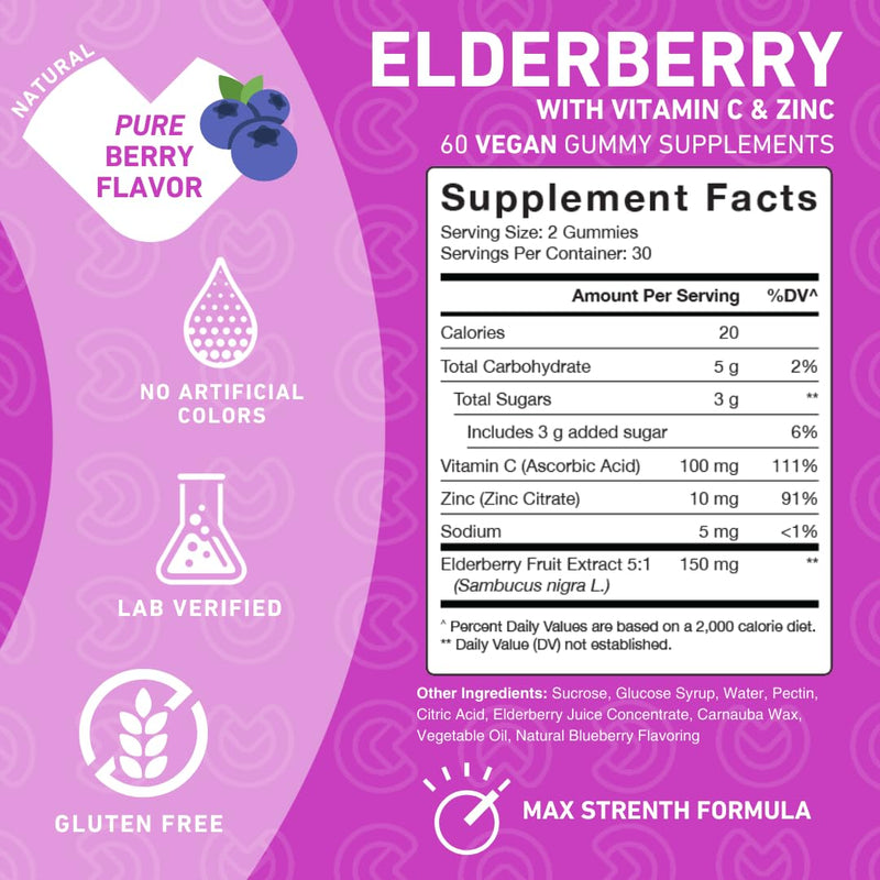 PUREFINITY Elderberry Gummies with Sambucus, Vitamin C, and Zinc – Your Perfect Daily 3-in-1 Supplement for Kids & Adults – Gluten Free, Non-GMO, Vegan, 60 Count (Pack of 2) 60 Count (Pack of 2)