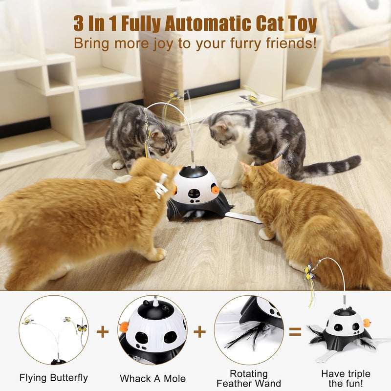 3-in-1 Automatic Cat Toys for Indoor Cats, Fluttering Butterfly, Whack a Mole, Rotating Feather Wand, USB Rechargeable Interactive Feather Toys for All Breeds (Black) Black - BeesActive Australia