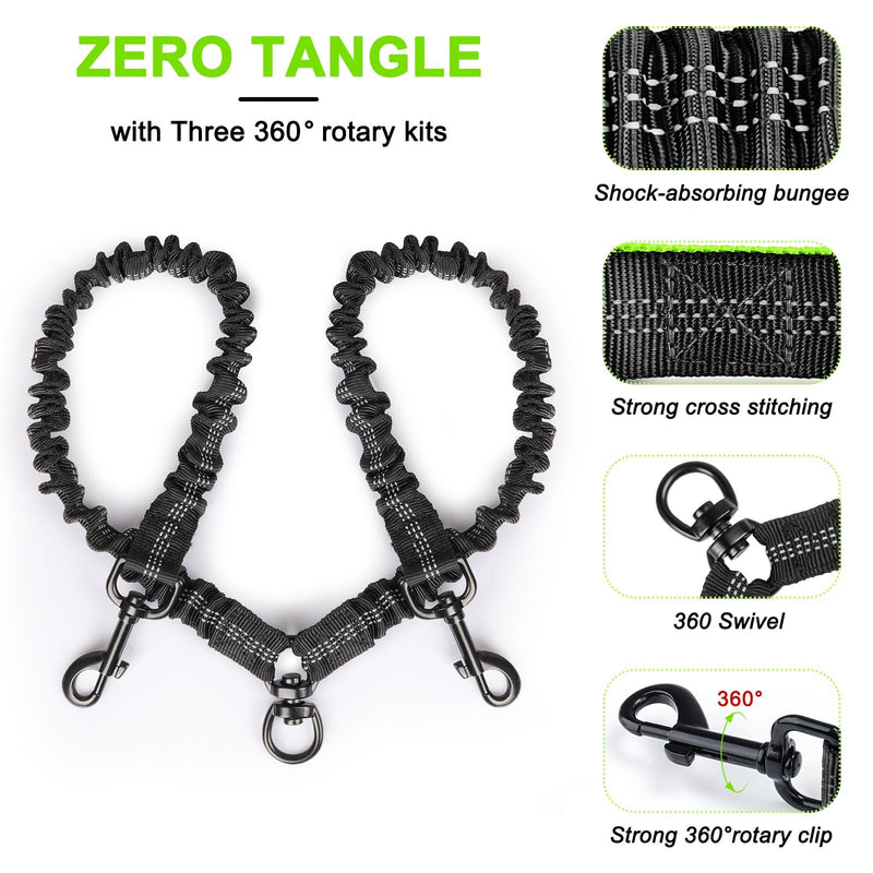 Hands Free Dog Leash for 2 Dogs, Wide Padded Waist Leash Double Dogs Leash Dog Running Leash for Dog with Reflective Stitching for Walks, Jogging, Running, Hiking, and Dog Training Black - BeesActive Australia