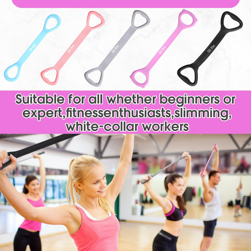 Soulchen 5 Pack Figure 8 Fitness Resistance Bands Elastic Bands(10 Lbs-25 Lbs-35 Lbs-40 Lbs-50 Lbs)for Arm, Back, Chest and Shoulder, Yoga, Pilates, Stretching, Workout Pulling Rope for Women and Men