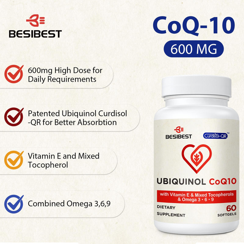 Ubiquinol CoQ10-600mg-Softgel, Active Form of Coq10 Ubiquinol Supplement with Vitamin E & Omega 3, 6, 9, High Absorption-Coenzyme-Q10, Powerful Antioxidant for Energy Production, 240 Count 60 Count (Pack of 4)