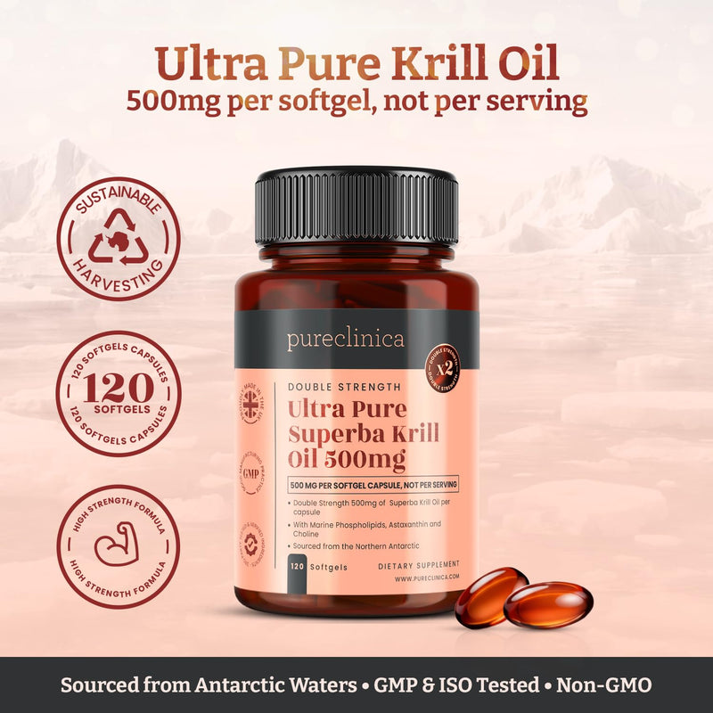 pureclinica Ultra Pure Superba Krill Oil 500mg x 120 Capsules - Sourced in The Unpolluted Waters of Antarctic Providing a Rich Supply of Astaxanthin, Omega 3 and Vitamin D 120 Count (Pack of 1)