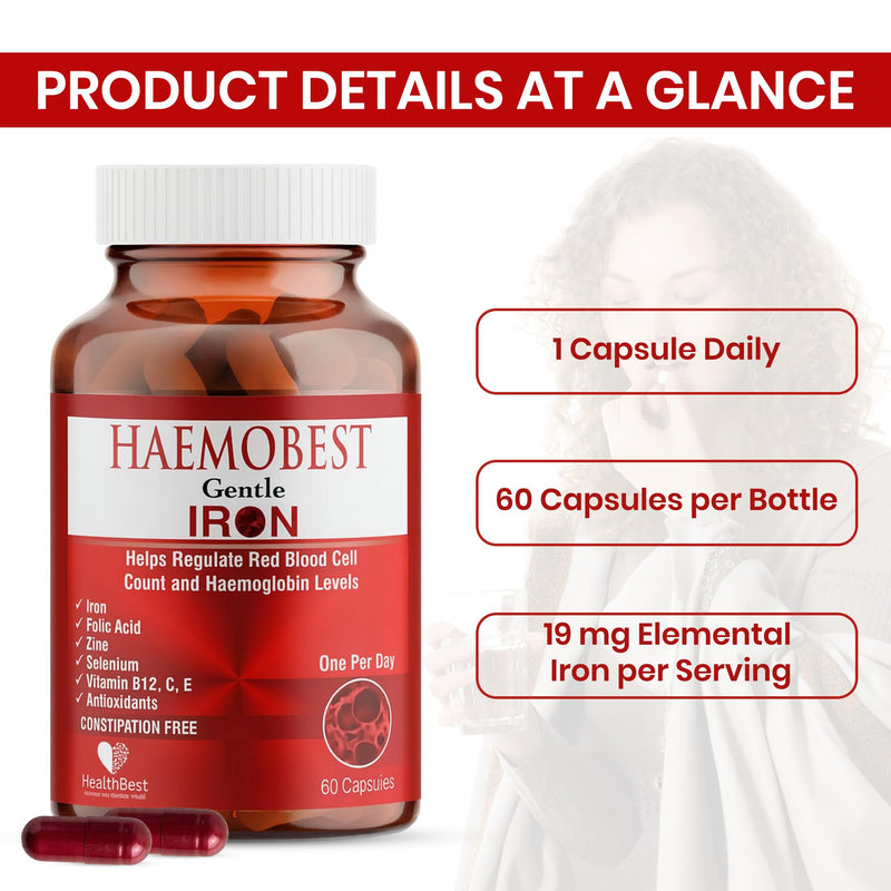 HealthBest High Potency Iron Capsules 19mg, Gentle, 60 Count | Faster Absorption, Non Constipating, Vitamin C, B12, Folate, Zinc & Selenium, Anemia, Hemoglobin & Immune Support, 60 Count Iron Capsule Haemobest