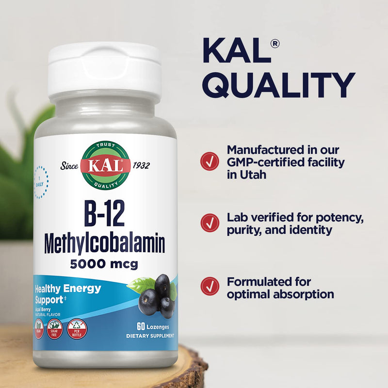 KAL Vitamin B-12 Methylcobalamin Lozenges 5000mcg, Healthy Energy, Metabolism, Nerve & Red Blood Cell Support,* Optimal Absorption, Natural Acai Flavor, Vegan, Sugar Free, 60 Servings, 60 Lozenges Acai Berry 60 Count (Pack of 1)