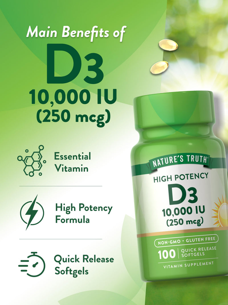 Nature's Truth D3 Vitamin 10,000 IU Softgels Supplement | 100 Count | High Potency Formula | Non-GMO and Gluten Free 100 Count (Pack of 1)