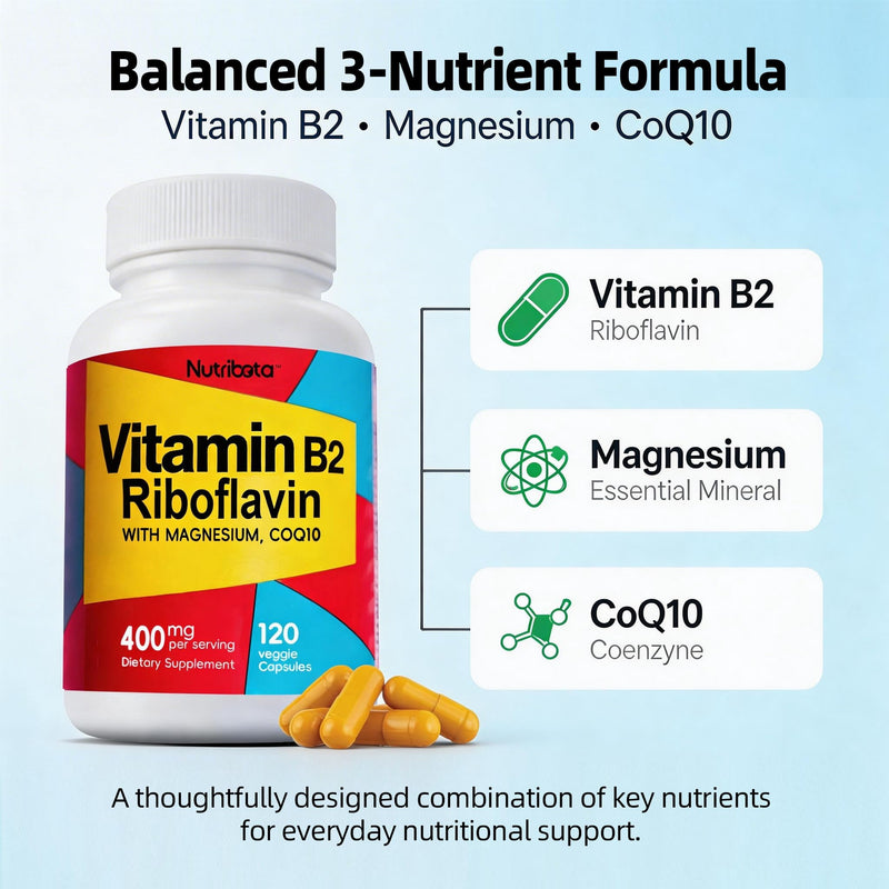 Vitamin B2 Riboflavin 400mg with Magnesium & CoQ10, High Potency Vitamin B2 Supplement for Energy Metabolism & Daily Wellness, 120 Veggie Capsules, 60 Day Supply