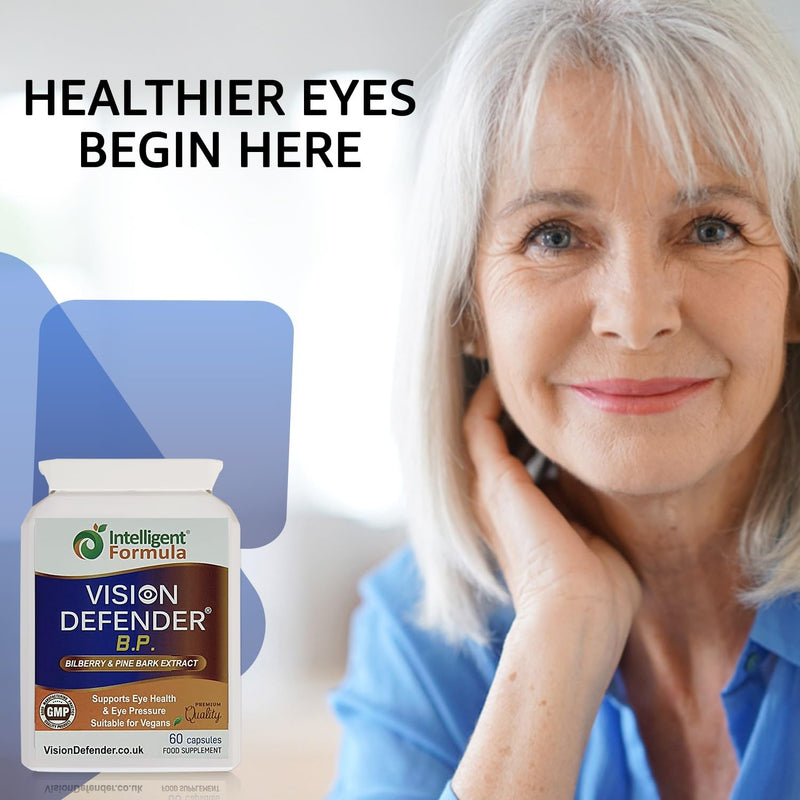 Vision Defender BP - Bilberry & Pine Bark Eye Supplement, 60 Vegan Capsules | Eye Pressure & Eye Health Support, Anthocyanin & Procyanidin Antioxidants, 1-2 a Day, 1-2 Month Supply, Gluten & Lactose Free