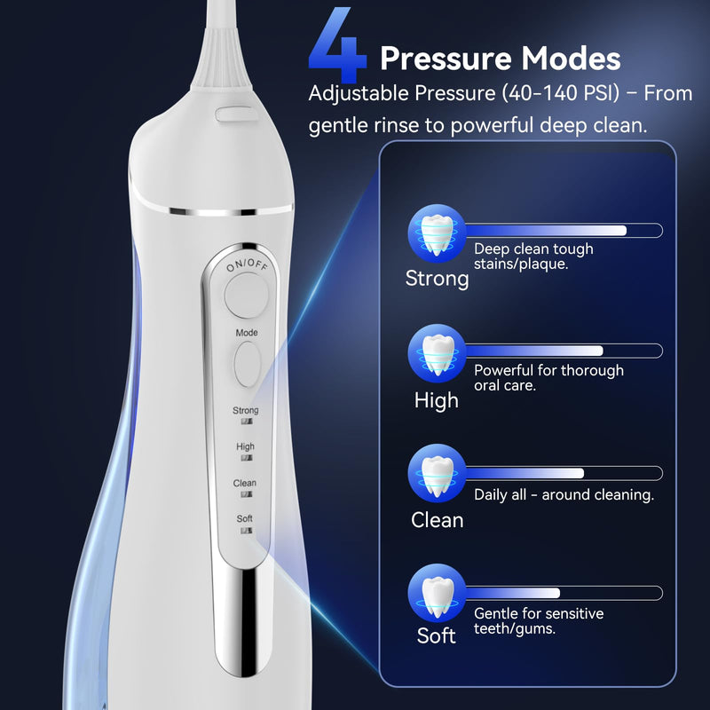 Water flossers for Teeth Pick, Portable Oral Irrigator Dental with 4 Modes 5 Jet Tips, IPX7 Rechargeable Water Tooth Flosser for Braces Sensitive Gum Care，300ml Tank for Home Travel Use White