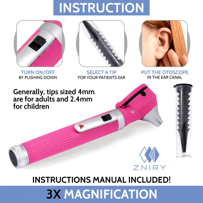 Pocket LED Otoscope for ENT Examination – Bright Light Diagnostic Tool for Students & Home Use, Pink, 10 Specula + Extra Bulb - BeesActive Australia