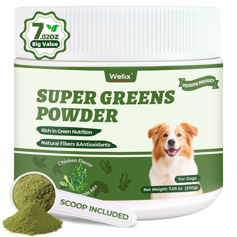 Wellix 7.02oz Super Greens Powder with Organic Spirulina, Chlorella, Spinach - Immune Support, Hip and Joint Supplement for Dogs, Chicken Flavor 100% Natural Dog Supplements Spirulina Powder