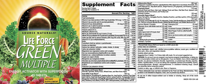 Source Naturals, Life Force® Green Multiple - 45 Tablets | Energy Activator with Superfoods* 45 Count (Pack of 1)
