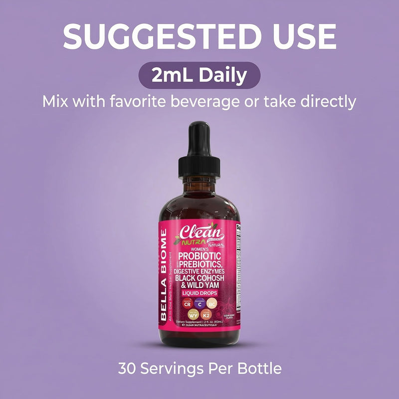 Liquid Probiotics for Women Drops with Chasteberry, Black Cohosh, Prebiotics, Digestive Enzymes, Evening Primrose Oil, Wild Yam, Cranberry Dmannose and Iron Vitamin D3 K2 Clean Nutra Bella Biotics 1