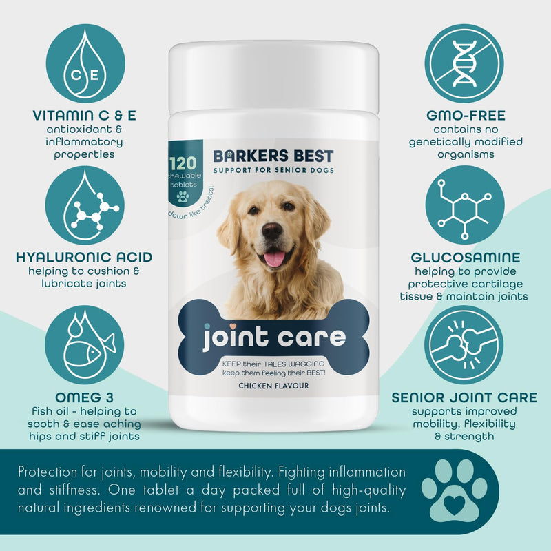 Dogs Joints Care Chewable Tablets for Adult Dogs 120 Tube with Glucosamine, Fish Oil and Vitamin C,Chicken Flavour-Barkers Best Brand