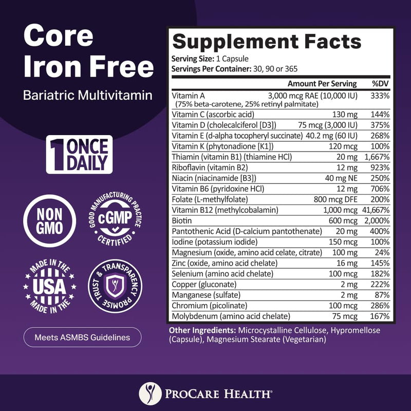 Core Iron Free Bariatric Multivitamin | Capsule | 30ct | Bariatric Vitamins for Gastric Sleeve & Gastric Bypass, Bariatric Multivitamin Without Iron, Fast Dissolving Veggie Capsules