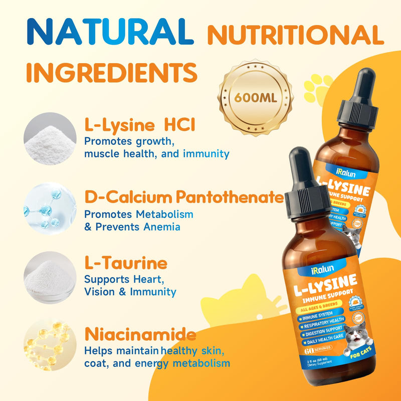 L-Lysine Supplement for Cats - Immune Support Lysine Drops of All Ages - Feline Respiratory, Sneezing, Runny Nose, Eye Function - Boost Natural Strengthen Defenses, Roast Chicken Flavor 60 ML